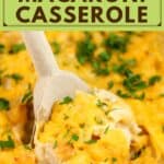 image for pinterest with text overlay recipe title Cheesy Chicken Macaroni Casserole