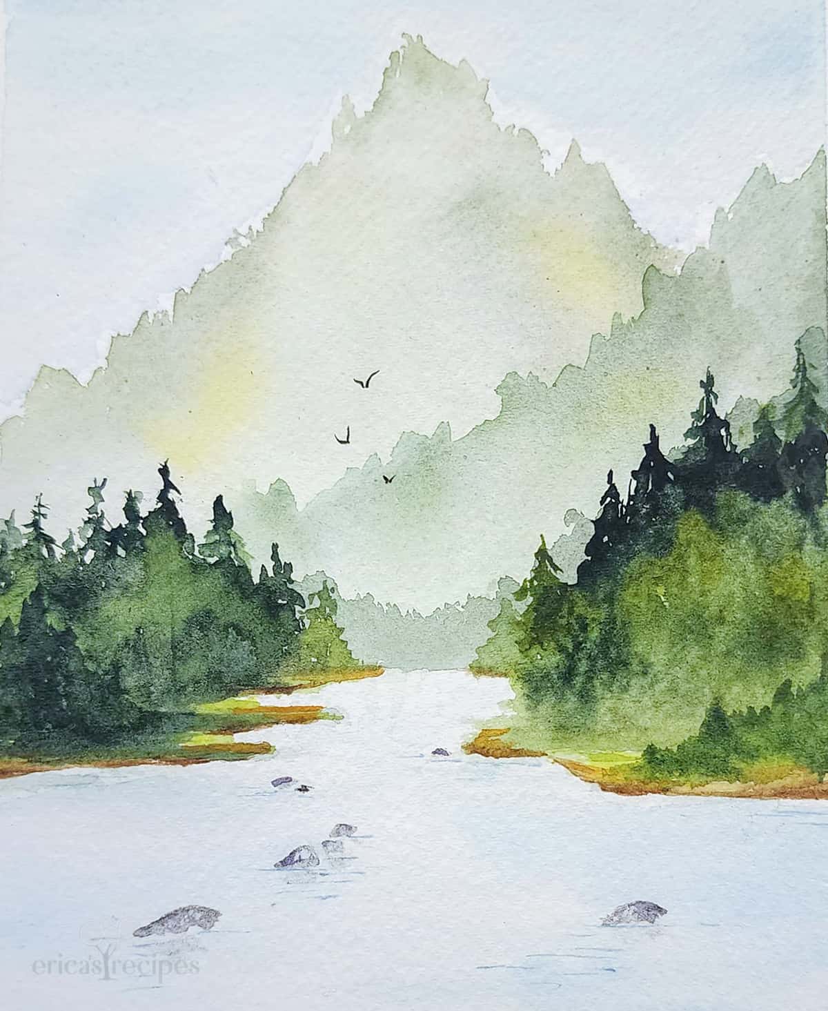 watercolor painting of a mountain scene