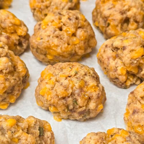 cooked Red Lobster sausage balls on parchment paper
