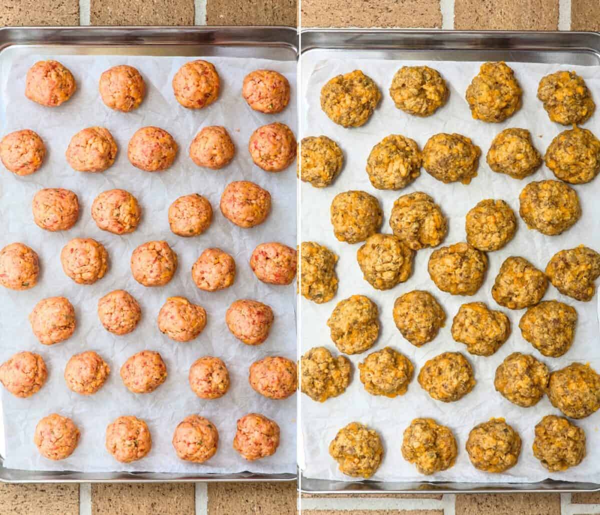 collage of 2 photos: formed dough balls, and then cooked sausage balls on bake sheet