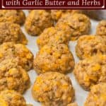 image for pinterest with text overlay Red Lobster sausage balls